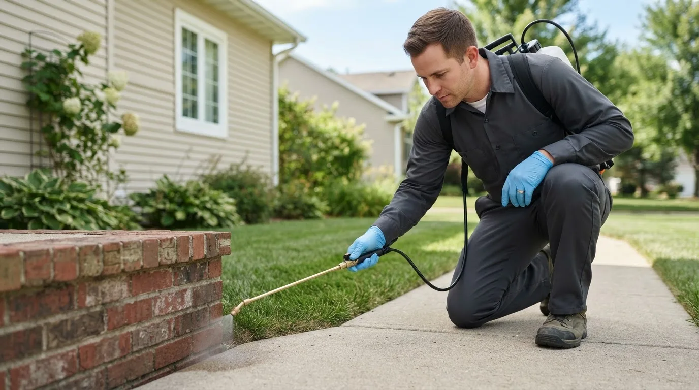 Pest control technician treating a home near Tidioute, PA
